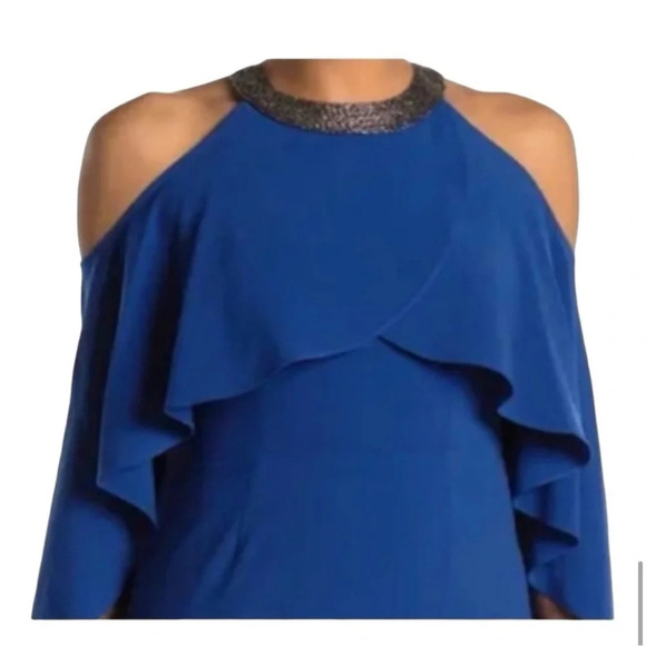 H by Halston Ultramarine Blue Mock Neck Ruffle Mini Dress Beaded Collar NWOT - Picture 3 of 10